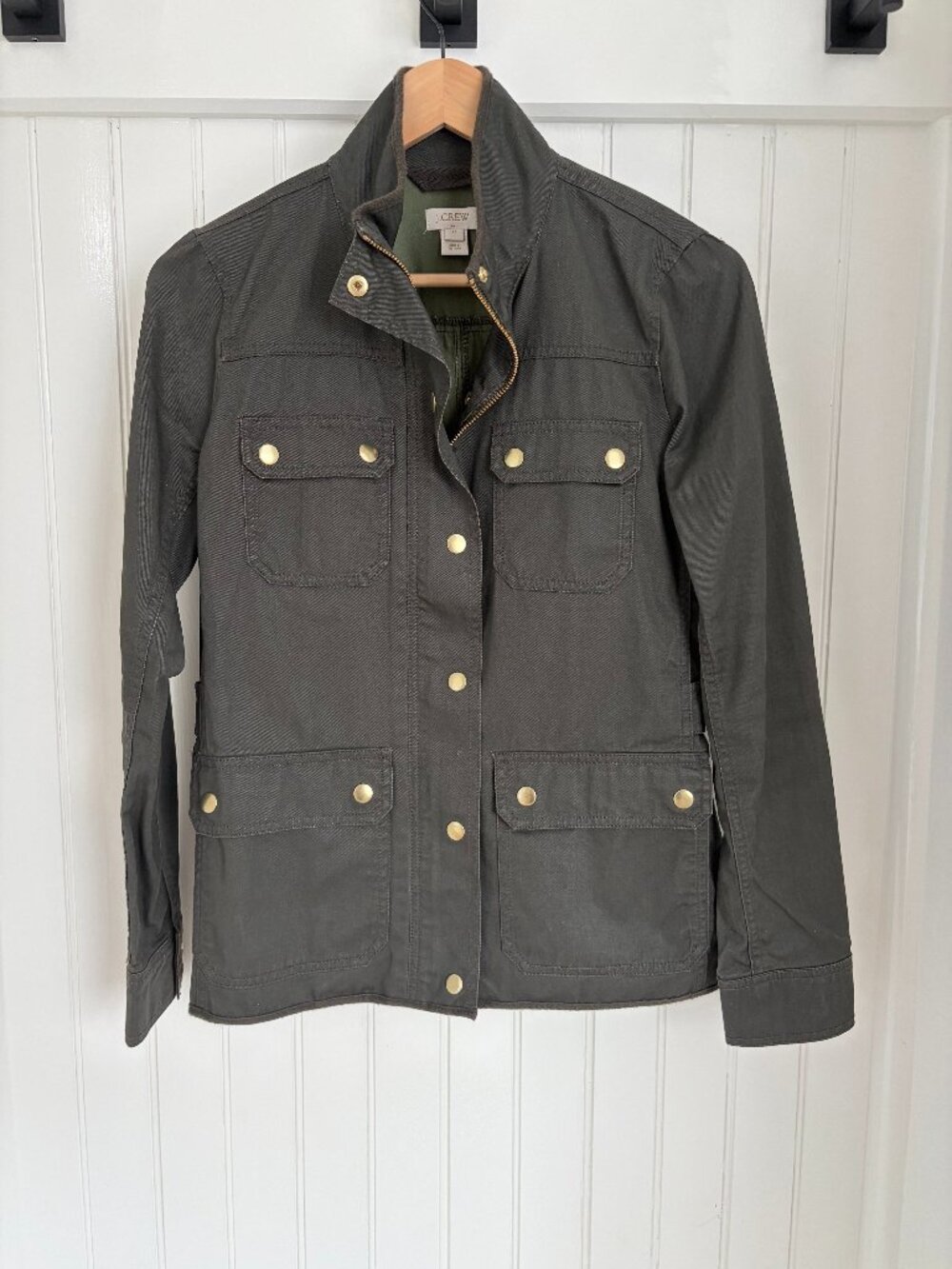 J.Crew Downtown Field Jacket Olive Green Utility Sz XS Military Gold Snap Cotton